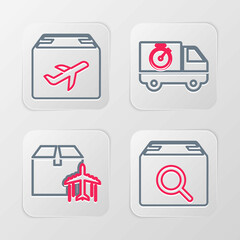 Set line Search package, Plane and cardboard box, Delivery truck stopwatch and icon. Vector