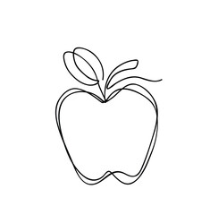 One line apple vector illustration. Minimalist line art apple drawing with leaf.