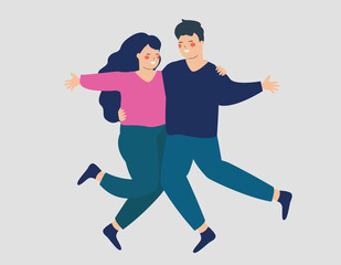 Happy couple hug or embrace each other with love and care. Young woman and man jumping and dancing together. Success, mental health wellbeing, healthy lifestyle and friendship concept. Vector stock
