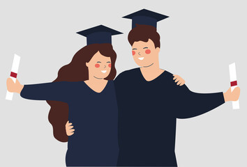 Graduated students wearing the academic gown and holding their diplomas. Happy girl and boy celebrating graduation with their university uniform. Concept of Master's, bachelor's or doctoral graduation