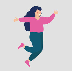 Fototapeta na wymiar Happy young woman jumping with raised hands on an isolated background. smiling Girl running with joy. Concept of success, mental health wellbeing, healthy lifestyle and workout. Vector stock 