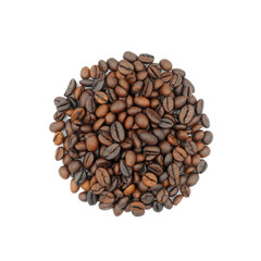 Heap of round shaped roasted coffee beans isolated on white background top view    