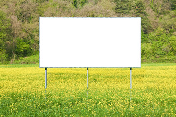 Blank commercial advertising billboard immersed in a rural scene against a yellow flowery field - image with copy space