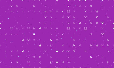 Seamless background pattern of evenly spaced white yoga hammock symbols of different sizes and opacity. Vector illustration on purple background with stars