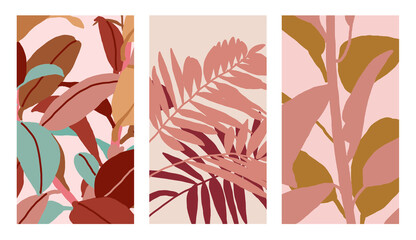 Set of floral vector backgrounds in natural shades. Flowers, leaves, nature. Perfect for highlights, stories, cards, social media. Floral illustration. - 514173664