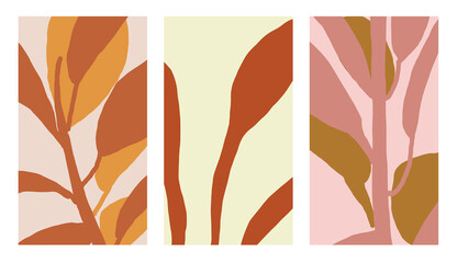 Set of floral vector backgrounds in natural shades. Flowers, leaves, nature. Perfect for highlights, stories, cards, social media. Floral illustration. - 514173667