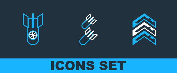 Set line Military rank, Nuclear bomb and Aviation icon. Vector