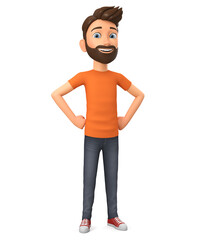 Cartoon character guy in an orange t-shirt on a white background. 3d render illustration.