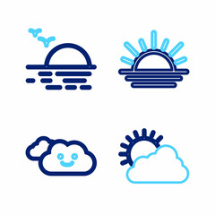 Set line Sun and cloud weather, Cloud, Sunset and icon. Vector