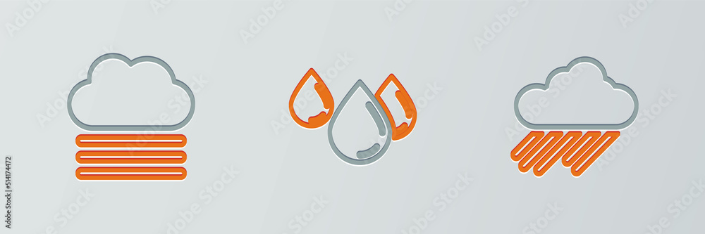 Poster set line cloud with rain, fog and cloud and water drop icon. vector