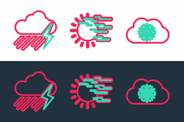 Set line Cloud with snow, rain and lightning and Fog sun icon. Vector
