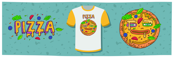T-shirt design for those who love pizza. Monster pizza. Hand drawn