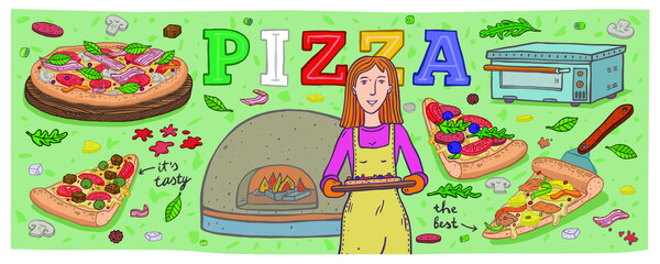Big vector set of pizza, cook, restaurant, pizza oven. Hand drawn sketches. Isolated objects