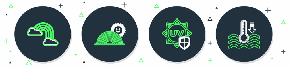 Set line Rainbow with sun, UV protection, clouds and Water thermometer icon. Vector