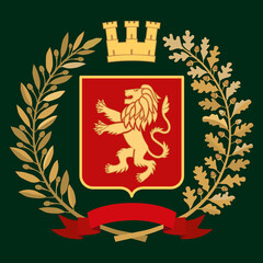 Heraldic image. A golden lion on a red shield. The crown is on top. The laurel branch is a symbol of the winner, and the oak branch is a symbol of valor and strength