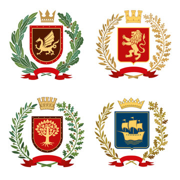A set of heraldic coats of arms. Dragon, Lion, tree and ship on the background of shields. Various family emblems