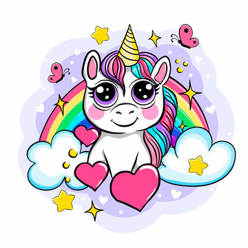 Beautiful unicorn on rainbow background, vector illustration