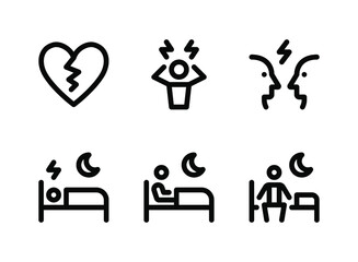 Simple Set of Mental Health Related Vector Line Icons. Contains Icons as Broken Heart, Depression, Conflict and more.