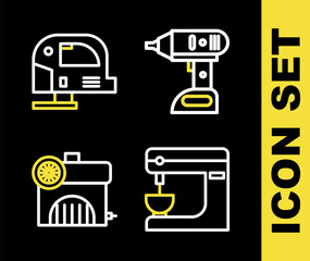 Set line Electric cordless screwdriver, mixer, Air compressor and jigsaw icon. Vector