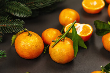 Tangerines (oranges, mandarins, clementines, citrus fruits) with leaves and fir tree branches