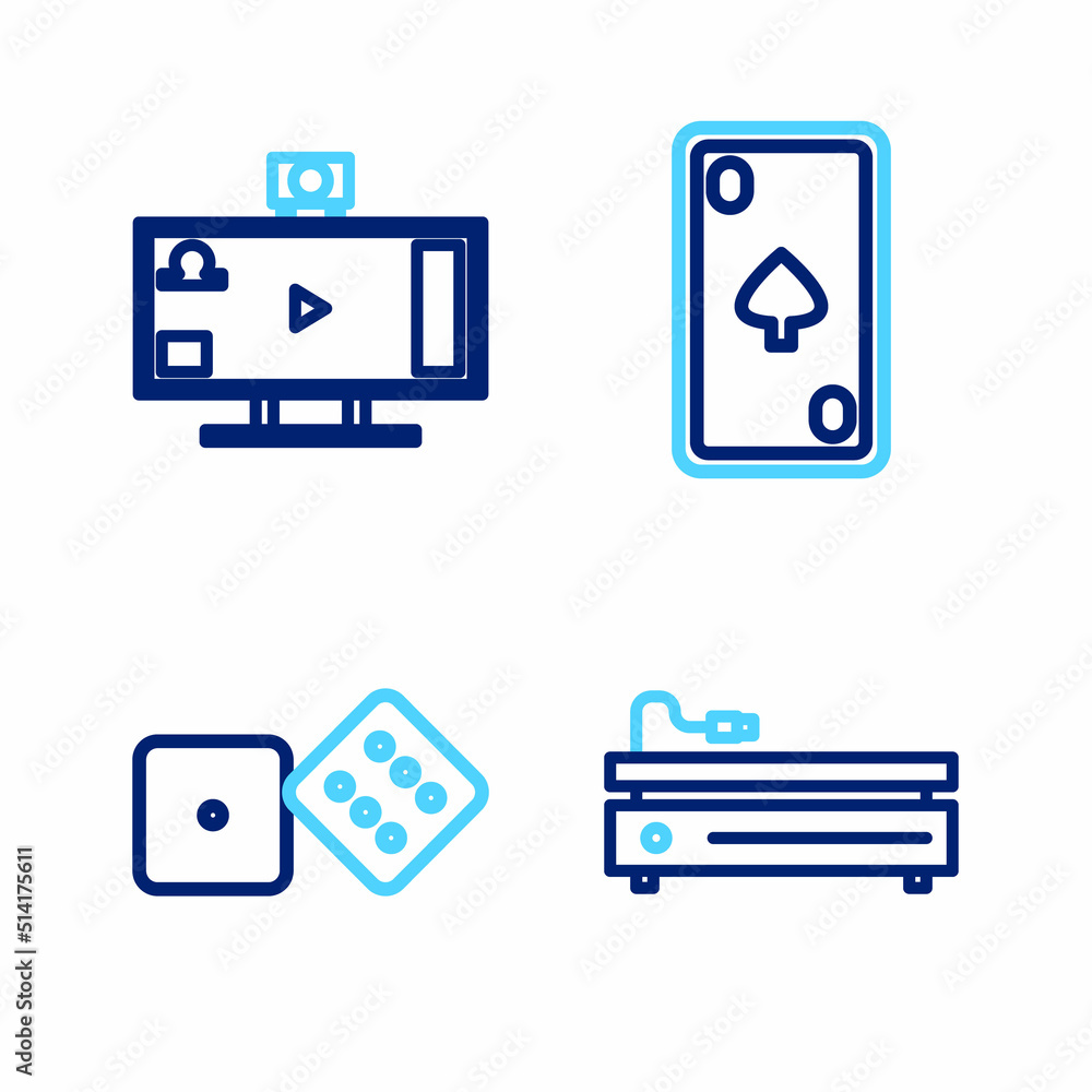 Poster set line video game console, game dice, playing card with diamonds and live streaming online icon. v
