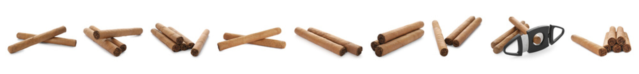 Set with cigars wrapped in tobacco leaves and guillotine cutter on white background. Banner design