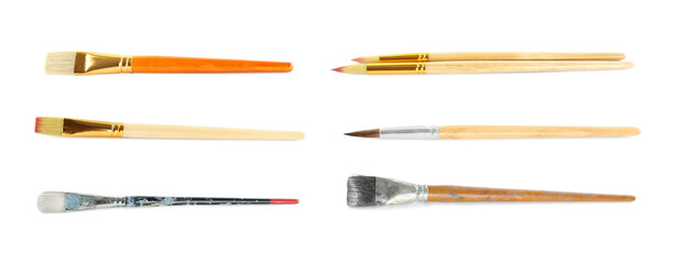 Set of different paintbrushes on white background. Banner design - obrazy, fototapety, plakaty