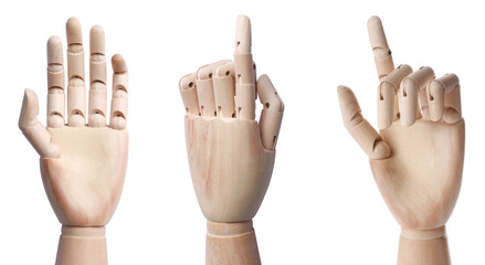 Set with wooden hands of mannequins showing different gestures on white background
