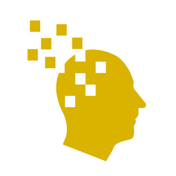 Dementia concept. yellow human head losing fragments on white background