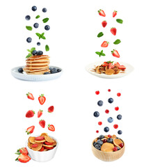 Set of delicious pancakes and different falling berries on white background