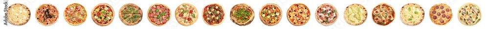 Wall mural set with different delicious pizzas on white background, top view. banner design