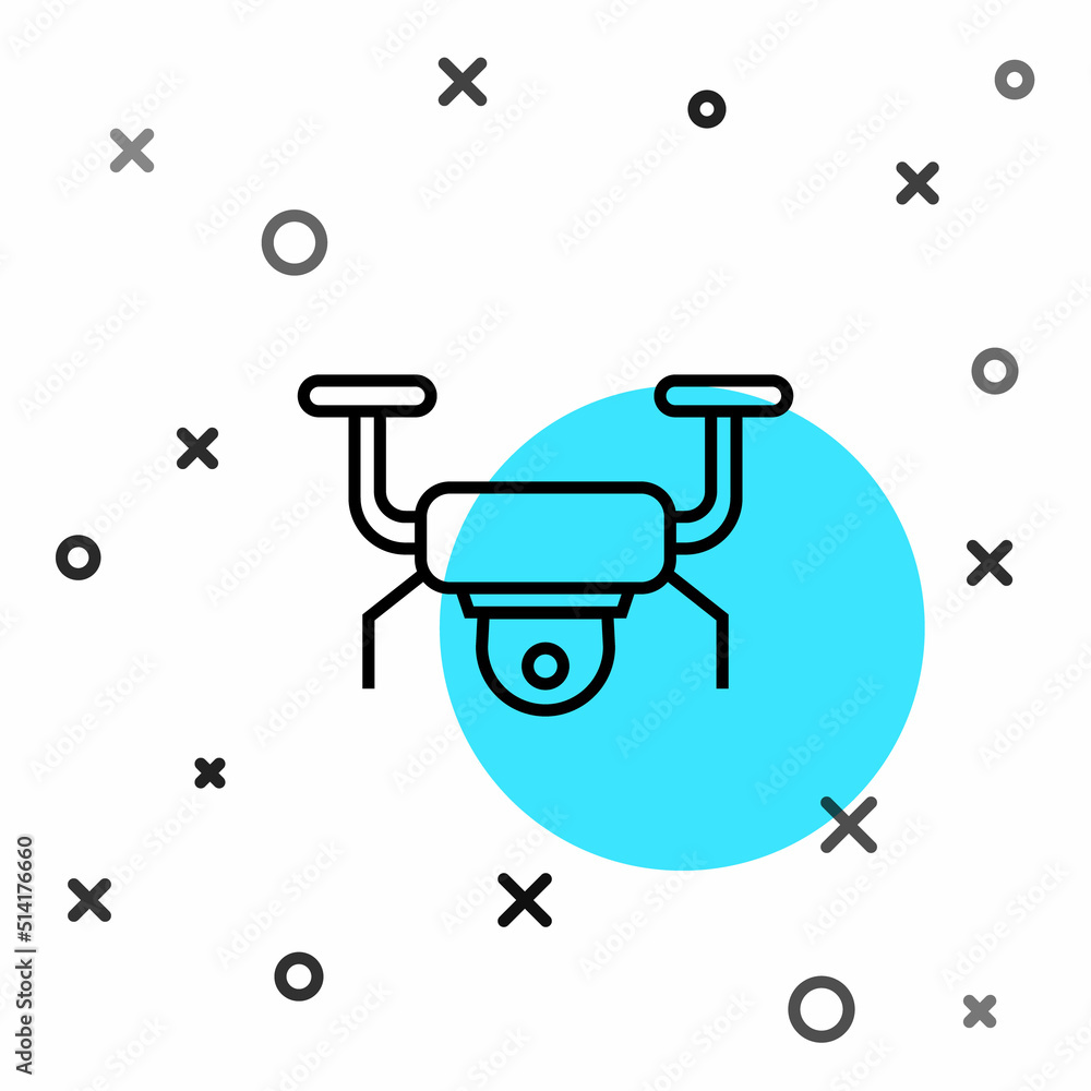 Poster black line drone flying icon isolated on white background. quadrocopter with video and photo camera 