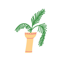 Fototapeta na wymiar Minimalist vector illustration of a plant in yellow vase or pot. Green palm leaves. Decorative element. For cards, posters, stationary.