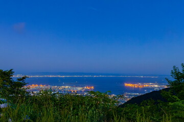 六甲山から眺める神戸の夜景（ポートアイランド、六甲アイランド、対岸には大阪の街明かりも）　神戸市灘区鉢巻展望台にて