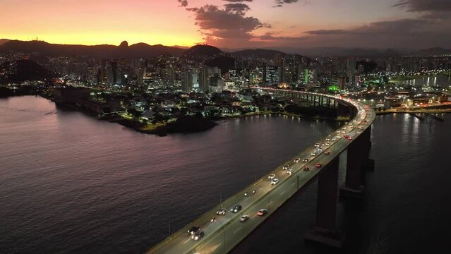 Sunset landscape at famous third bridge at town of Vitoria state of Espirito Santo Brazil. Transportation scene. Sunset sky landscape of travel destination at town of Vitoria Espirito Santo Brazil.