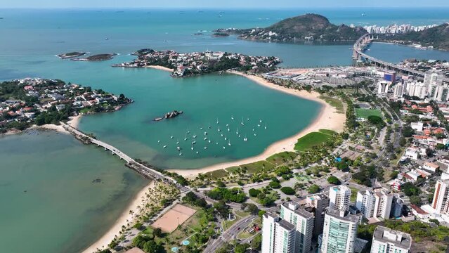 Aerial cityscape of downtown Vitoria state of Espirito Santo Brazil. Bulldings and avenues landmark of city of Vitoria Espirito Santo. Brazilian coast town capital city. Downtown district.