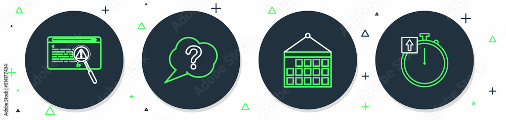 Poster set line speech bubble question, calendar, system bug concept and stopwatch icon. vector