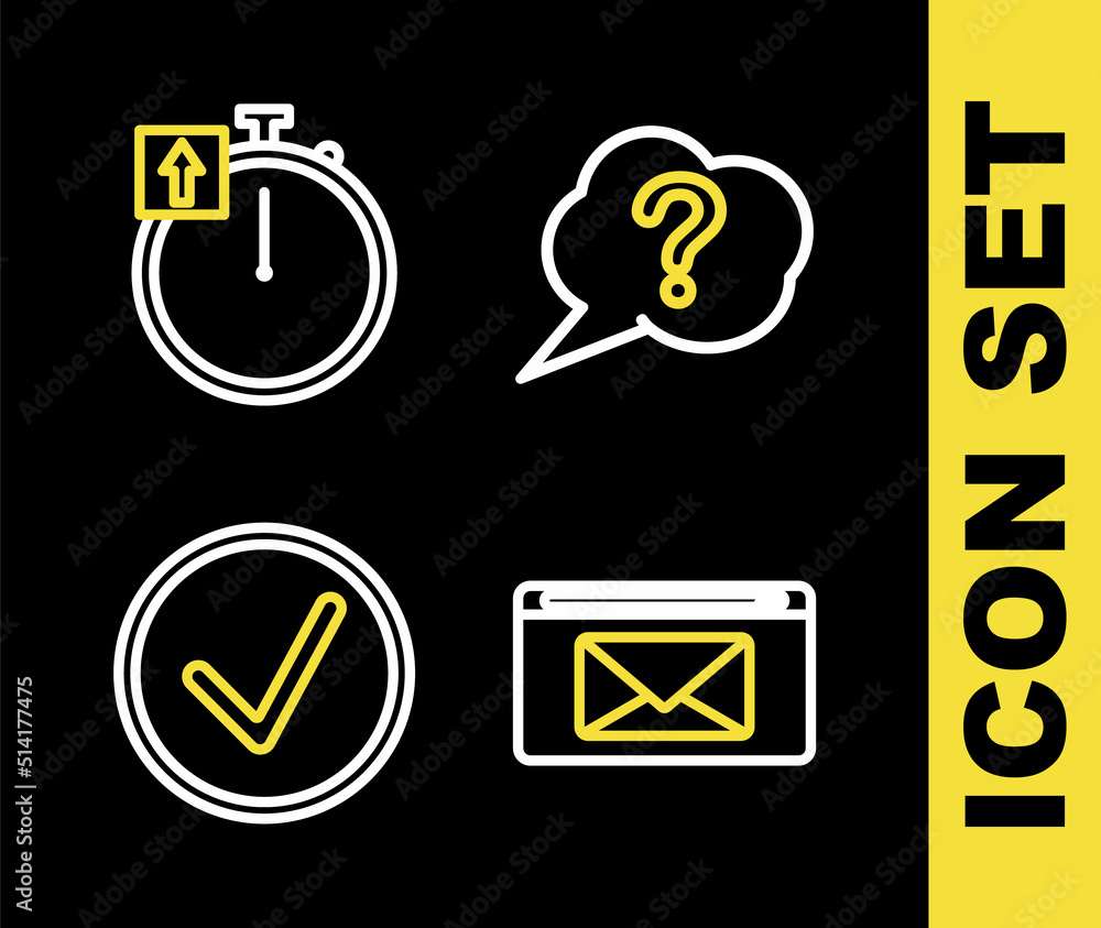 Poster set line speech bubble question, mail and e-mail, check mark in circle and stopwatch icon. vector