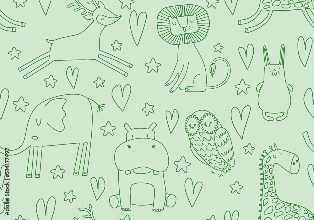 Wall mural Cute seamless pattern with wild animals line art.