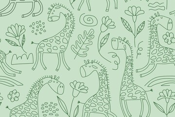 Fototapeta premium Cute seamless pattern with wild animals line art.