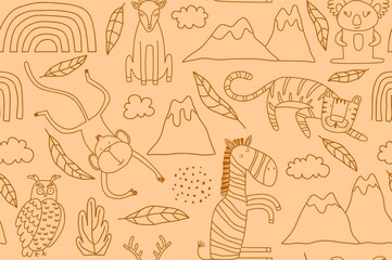Cute seamless pattern with wild animals line art.
