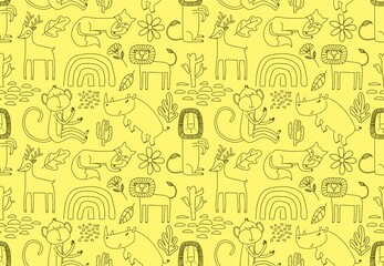 Cute seamless pattern with wild animals line art.