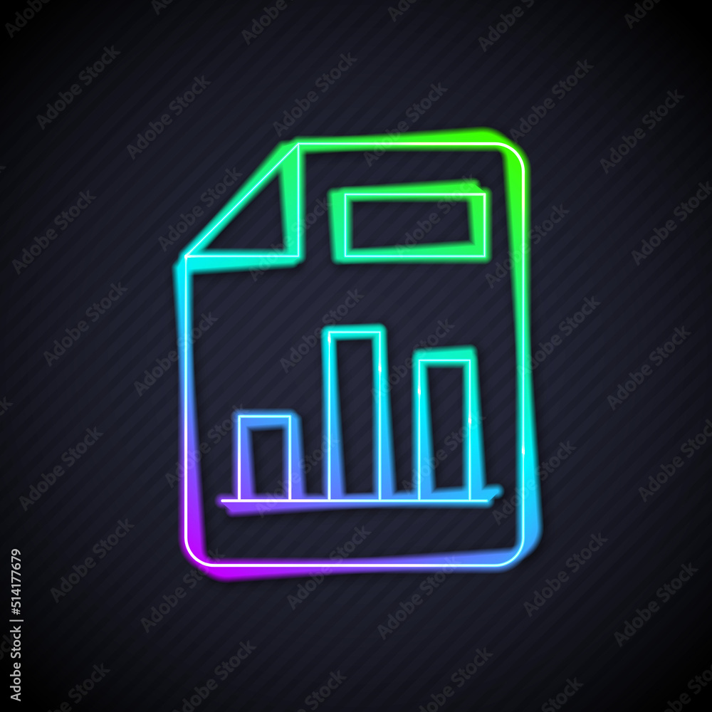 Poster glowing neon line document with graph chart icon isolated on black background. report text file icon