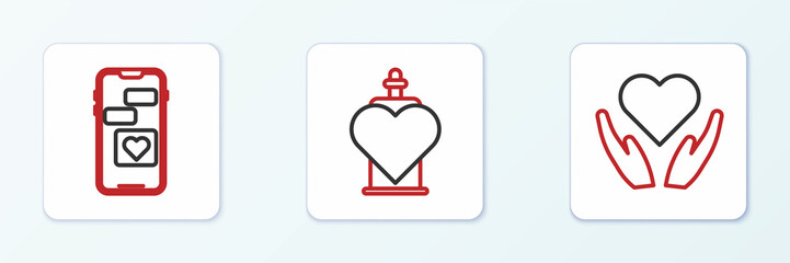 Set line Heart in hand, Mobile with heart and Bottle love potion icon. Vector