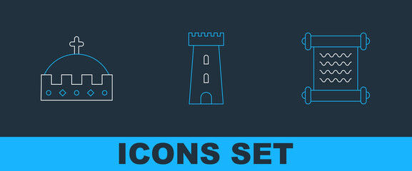 Set line Decree, parchment, scroll, King crown and Castle tower icon. Vector