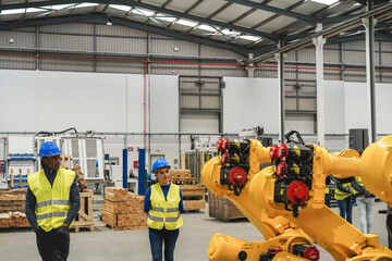 Industrial engineers working inside robotic factory - Focus on robot machine