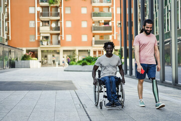 Multiracial friends with disability having fun outdoor - Focus on prosthetic leg - Powered by Adobe