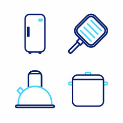 Set line Cooking pot, Kettle with handle, Frying pan and Refrigerator icon. Vector