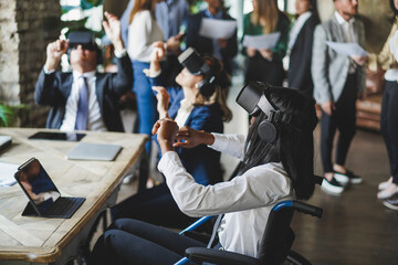 Diverse business people wearing virtual reality goggles inside office - Focus on african girl...
