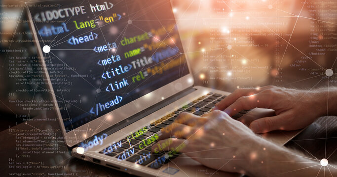 front-end developer working on laptop. internet technologies concept business programming banner. mixed media background